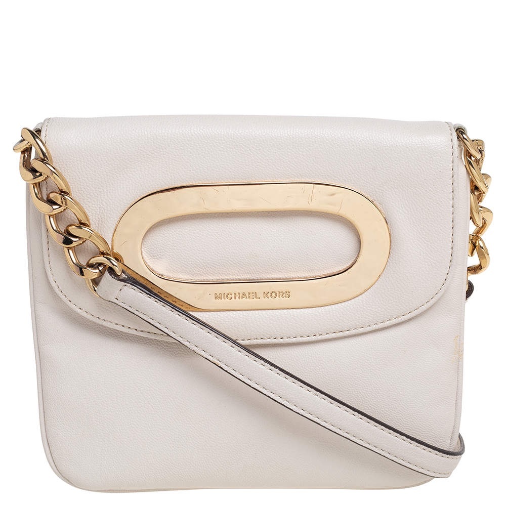 MICHAEL Michael Kors Off White Leather Cut Out Flap Shoulder Bag